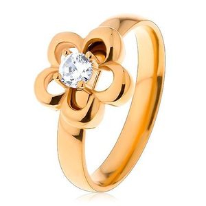 Inel din oțel de culoare aurie, floare, zirconiu ridicat rotund, transparent - Marime inel: 49 imagine
