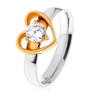 Inel din oțel - bicolor, contur subțire de inimă, zirconiu rotund, transparent - Marime inel: 49 imagine