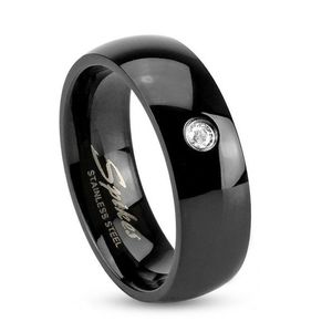 Inel negru din oțel, brațe lucioase rotunjite, zirconii transparente, 6 mm - Marime inel: 49 imagine