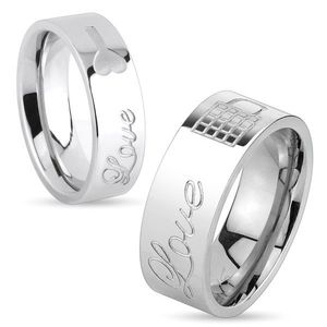 Inel lucios din oțel de culoare argintie, inscripția Love și lacăt închis, 8 mm - Marime inel: 59 imagine