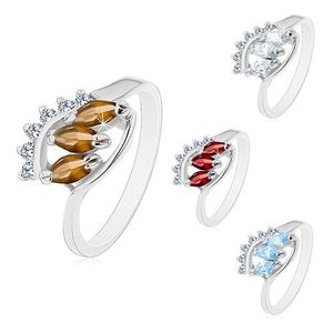 Inel cu brațe lucioase, îndoite, trei zirconii colorate în formă de bob - Marime inel: 48, Culoare: Maro imagine