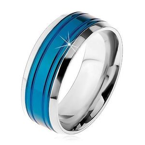 Verighetă oțel chirurgical, bandă albastră, margini argintii, crestături, 8 mm - Marime inel: 57 imagine