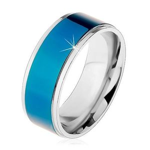 Inel din oțel, bandă culoare albastru-închis, margini argintii, luciu intens, 8 mm - Marime inel: 57 imagine