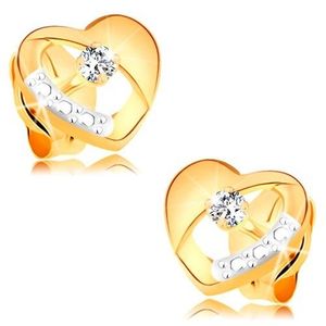 Cercei din aur 14K - inimă simetrică, bicoloră cu decupaj și diamant transparent imagine