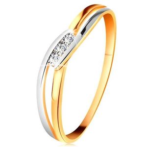 Inel din aur 14K, trei diamante transparente, brațe despicate și ondulate - Marime inel: 49 imagine