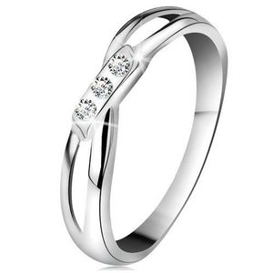 Inel din aur 14K - trei diamante rotunde transparente, brațe despicate, aur alb - Marime inel: 49 imagine