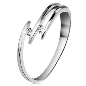 Inel din aur alb 14K - două diamante strălucitoare transparente, brațe din linii subțiri - Marime inel: 48 imagine