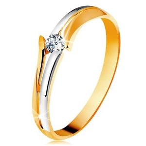 Inel cu diamant din aur 585, diamant strălucitor transparent, brațe despicate bicolore - Marime inel: 49 imagine