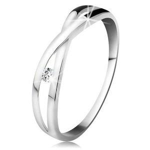Inel din aur alb 585 - diamant rotund transparent, brațe despicate intersectate - Marime inel: 48 imagine