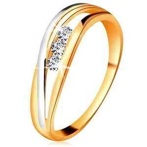 Inel aur 14K, linii ondulate în două culori, trei diamante transparente - Marime inel: 49 imagine
