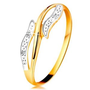 Inel cu diamante din aur 14K, brațe ondulate, în două culori, trei diamante transparente - Marime inel: 49 imagine