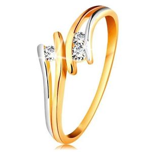 Inel cu diamant din aur 585, trei diamante transparente, brațe despicate bicolore - Marime inel: 49 imagine