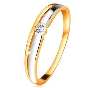 Inel cu diamant din aur 14K - diamant transparent în montură rotundă, linii bicolore - Marime inel: 49 imagine