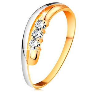 Inel cu diamant din aur 14K, brațe ondulate bicolore, trei diamante transparente - Marime inel: 49 imagine