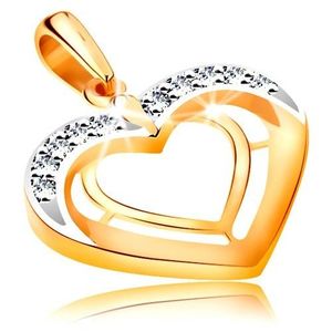 Pandantiv realizat din aur de 14K -doua contururi de inima in versiune bicolora, zirconii imagine