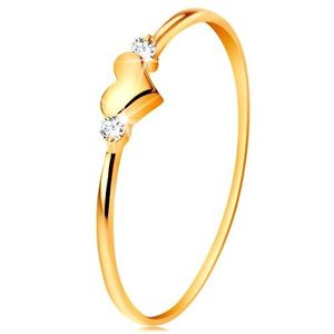 Inel realizat din aur de 14K - două zirconii transparente şi inimă lucioasă, proeminentă - Marime inel: 49 imagine