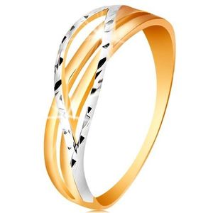 Inel bicolor, realizat din aur de 14K - braţe despicate cu linii ondulate, crestături - Marime inel: 49 imagine