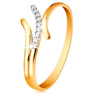 Inel realizat din aur galben de 14K, braţe cu linii ondulate, bicolore, zirconii transparent, încorporate - Marime inel: 49 imagine