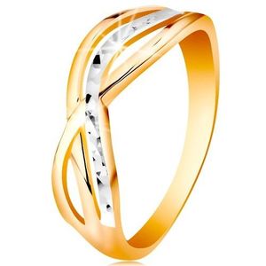 Inel din aur 14K în două culori - brațe ondulate și despărțite, crestături - Marime inel: 47 imagine