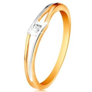 Inel din aur 14K - zirconiu transparent şi rotund în romb, braţe bicolore, separate - Marime inel: 49 imagine