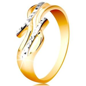 Inel din aur de 14K - bicolor, braţe separate şi ondulate, crestături - Marime inel: 48 imagine