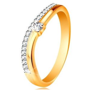 Inel din aur de 14K, braţe ondulate cu decupaj în mijloc şi zirconii transparente - Marime inel: 49 imagine