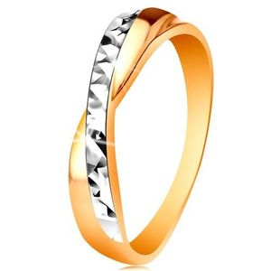 Inel din aur de 14K - braţe bicolore, intersectate, crestături mici - Marime inel: 49 imagine