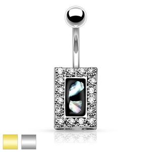 Piercing pentru buric din oţel, dreptunghi negru cu bucăţi de perlă, margine din zirconiu - Culoare Piercing: Argintiu imagine