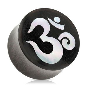 Plug pentru ureche, în formă de șa, din lemn de culoare neagră, simbol spiritual yoga OM - Lățime: 10 mm imagine