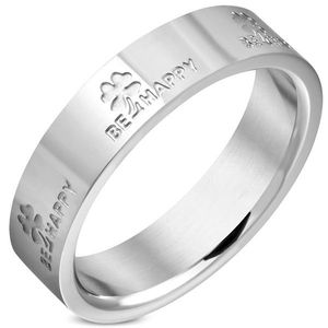 Inel argintiu din oțel - inscripții BE HAPPY și trifoi-cu-patru-foi, 4 mm - Marime inel: 46 imagine