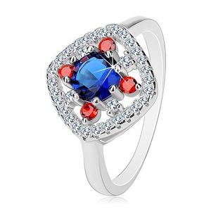 Inel din argint 925, mijloc albastru-închis, zirconii transparente și roșii - Marime inel: 50 imagine
