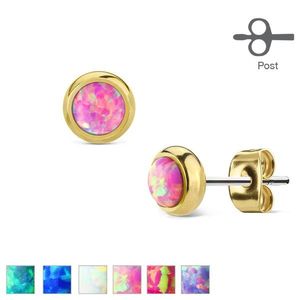 Cercei aurii din oţel de 316L, cu opal sintetic, rotund - Culoare: Alb imagine