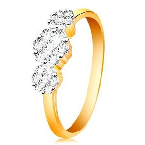 Inel din aur 585 - trei flori strălucitoare compuse din zirconii transparente, brațe subțiri lucioase - Marime inel: 50 imagine