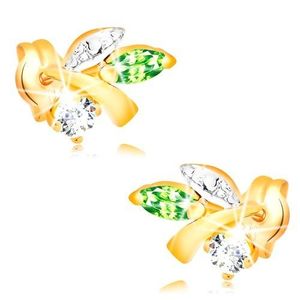 Cercei din aur 585 - ramură cu frunze, smarald verde, diamant transparent imagine