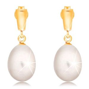 Cercei din aur 14K - perlă albă ovală, bandă strălucitoare imagine