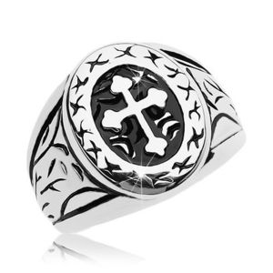 Inel argintiu, oțel chirurgical, oval mare cu cruce în trifoi - Marime inel: 58 imagine