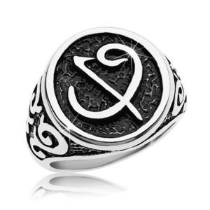 Inel din oțel chiurgical - sigiliu negru cu simbol, ornamente pe brațe - Marime inel: 58 imagine