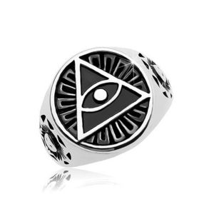 Inel din oțel 316L, cerc negru, patinat și triunghi cu ochi - Marime inel: 58 imagine