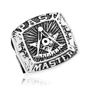 Inel din oțel chirurgical, simbolul Francmasonilor și inscripție, patină neagră - Marime inel: 57 imagine