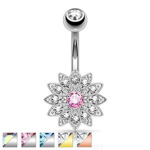 Piercing pentru buric din oțel inoxidabil, floare lucioasă din zirconiu - Culoare Piercing: Argintiu - roz imagine