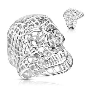 Inel masiv din oțel, culoare argjntie, craniu cu model de plasă - Marime inel: 58 imagine