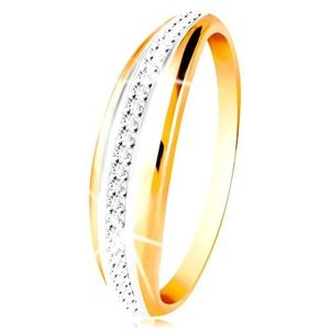 Inel din aur de 14K - suprafață proeminenta cu o linie de aur alb si zirconii transparente - Marime inel: 49 imagine