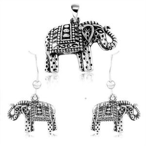 Set din argint 925, cercei și pandantiv - elefant cu gravuri și patină neagră imagine