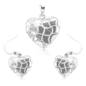 Set format din cercei și pandantiv din argint 925, inimă rotunjită decorate cu crestături și zirconii imagine