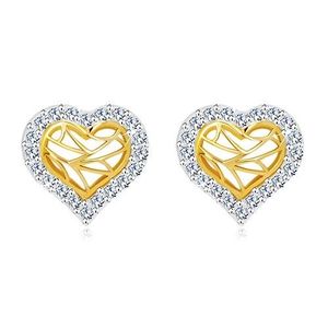 Cercei din aur 14K - inimă cu contur zirconiu și crestături în centru imagine