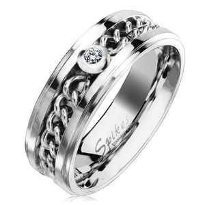 Inel din oțel inoxidabil argintiu cu lanț și zirconiu transparent, 7 mm - Marime inel: 49 imagine