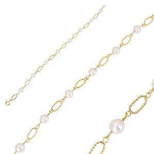 Brățară din aur 585 - perle albe rotunde, zale ovale cu crestături imagine