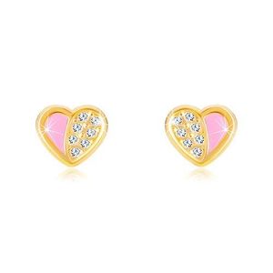 Cercei din aur de 14K - inimă simetrică decorată cu zirconii, smalț roz imagine