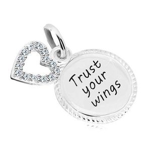 Pandantiv din argint 925 - cerc cu inscripția "Trust your wings", contur de inimă cu zirconii imagine