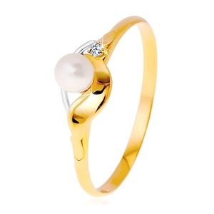Inel din aur de 14 K, valuri în două culori, perla albă și diamant transparent - Marime inel: 49 imagine